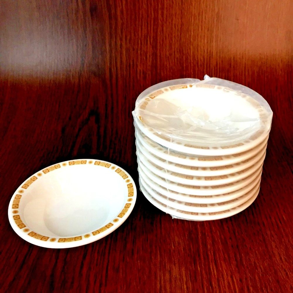 Buffalo China 9 Ct Restaurant Gold Atomic Pattern Fruit Dessert 4.25" Bowls USA